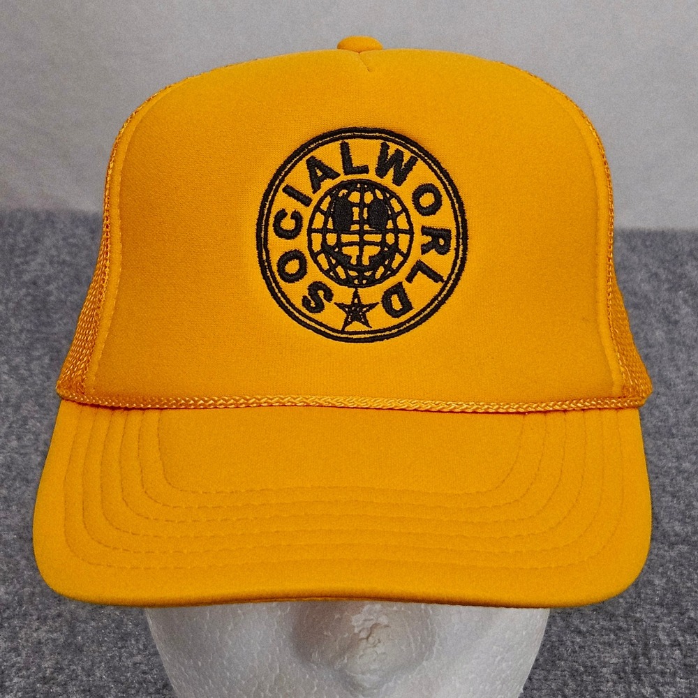 Vintage Y2K Social World Trucker‎ Cap Yellow Cap Logo Mesh Snapback Foam Retro